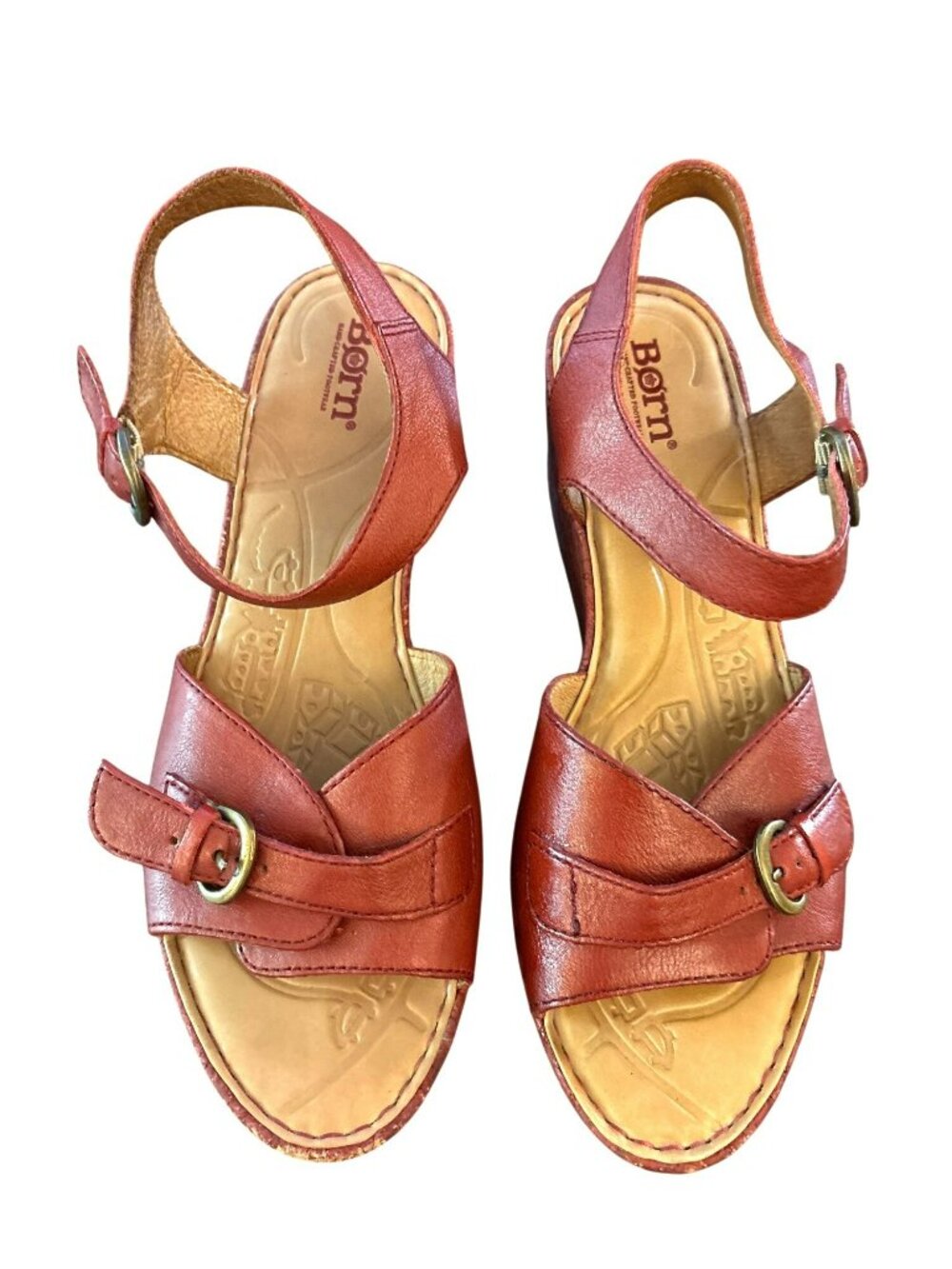 Born Red Leather Platform Wedge Sandals With Adjustable Straps & Buckle Accents